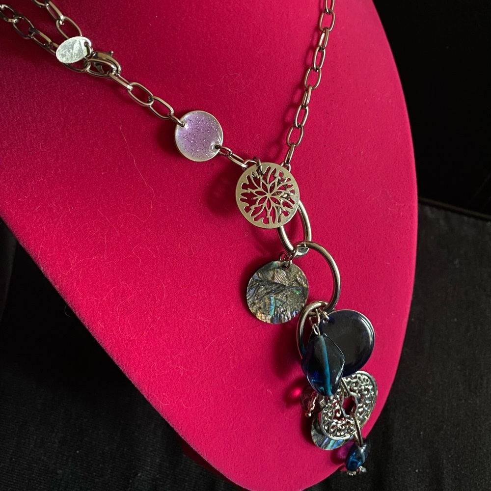 Lia Sophia Abalone Shell Statement Necklace | Blue Stone Pendant | Adjustable - Picture 4 of 4